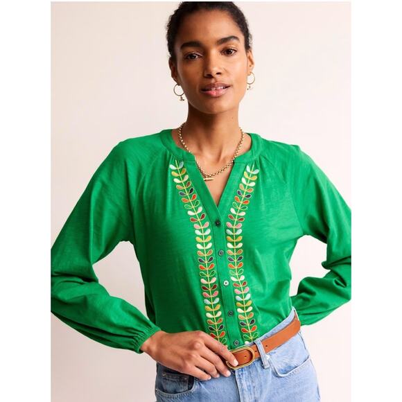 Boden Sz 4 Top Embroidered Detail Blouse Kelly Green Button Front V-Neck Women's - Picture 1 of 13